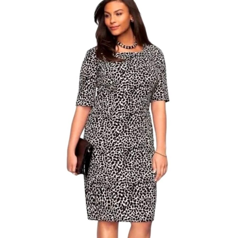 Talbots Dress Women 2 Black White Leopard Print Short Sleeve Knee Length Sheath